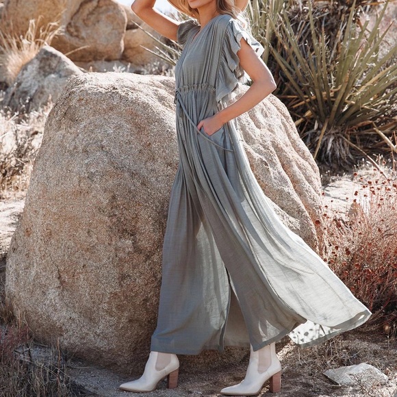 Heather Grey Boho Gauze Button Front Flutter Sheer Maxi Dress W/Adjustable Waist - Picture 3 of 9